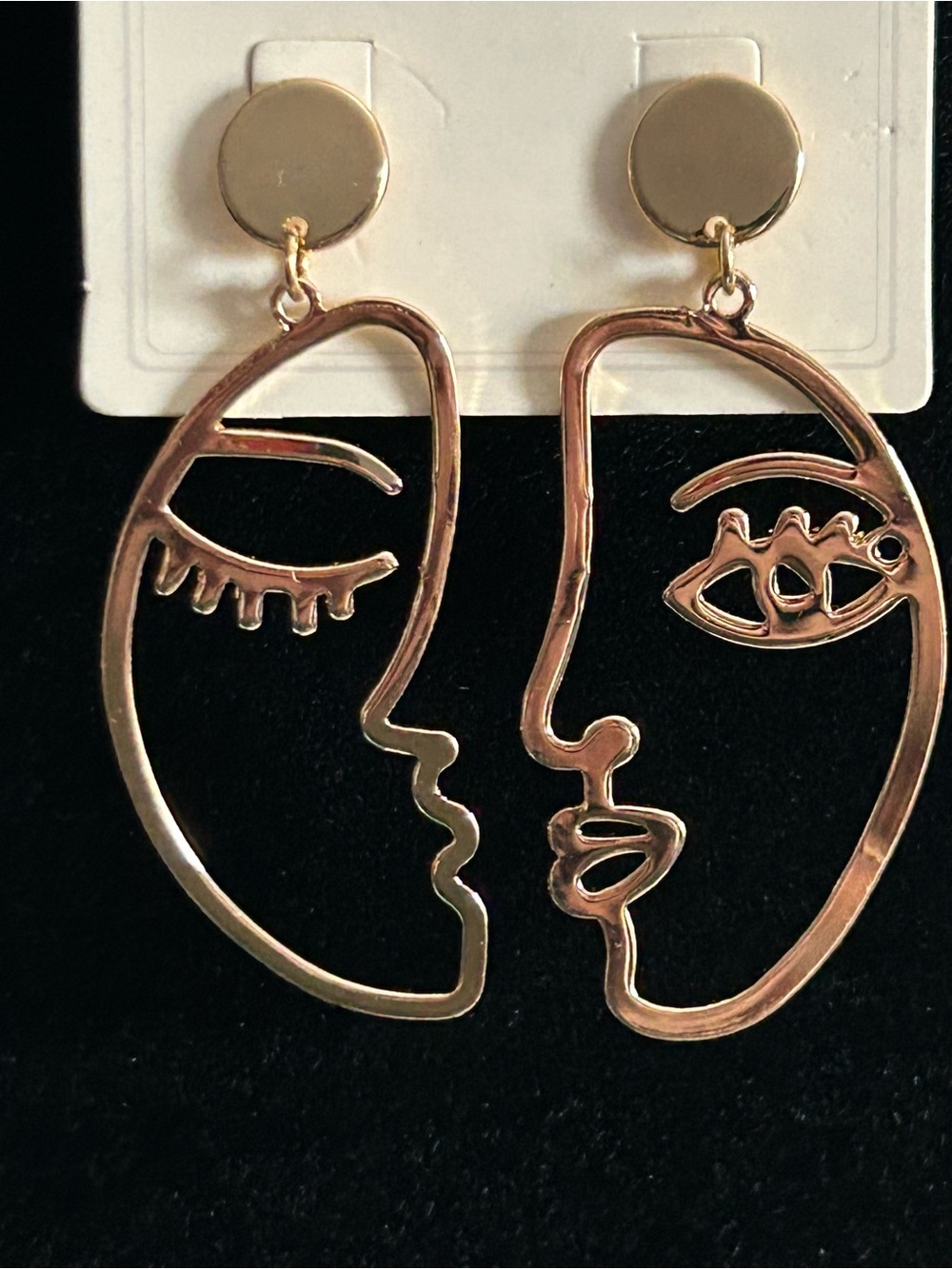 New Gold Tone Art Deco Minimalist Abstract Artisan Face Drop Earrings